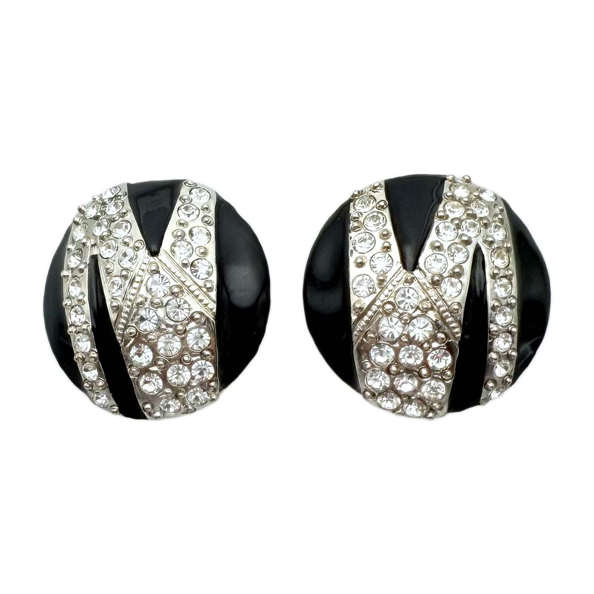 Kenneth Jay Lane Silver Plated Black Enamel Clip Earrings with Crystal Zigzag