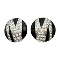 Kenneth Jay Lane Silver Plated Black Enamel Clip Earrings with Crystal Zigzag
