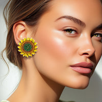 Lunch at The Ritz Sunflower Crystal Post Earrings 22k Gold Enamel Handmade USA