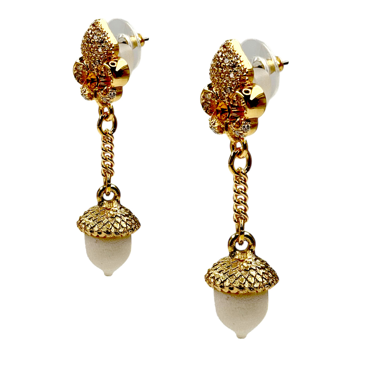Ritzy Couture DeLuxe Autumn Acorn White Dangle Earrings - 22k Gold Plated