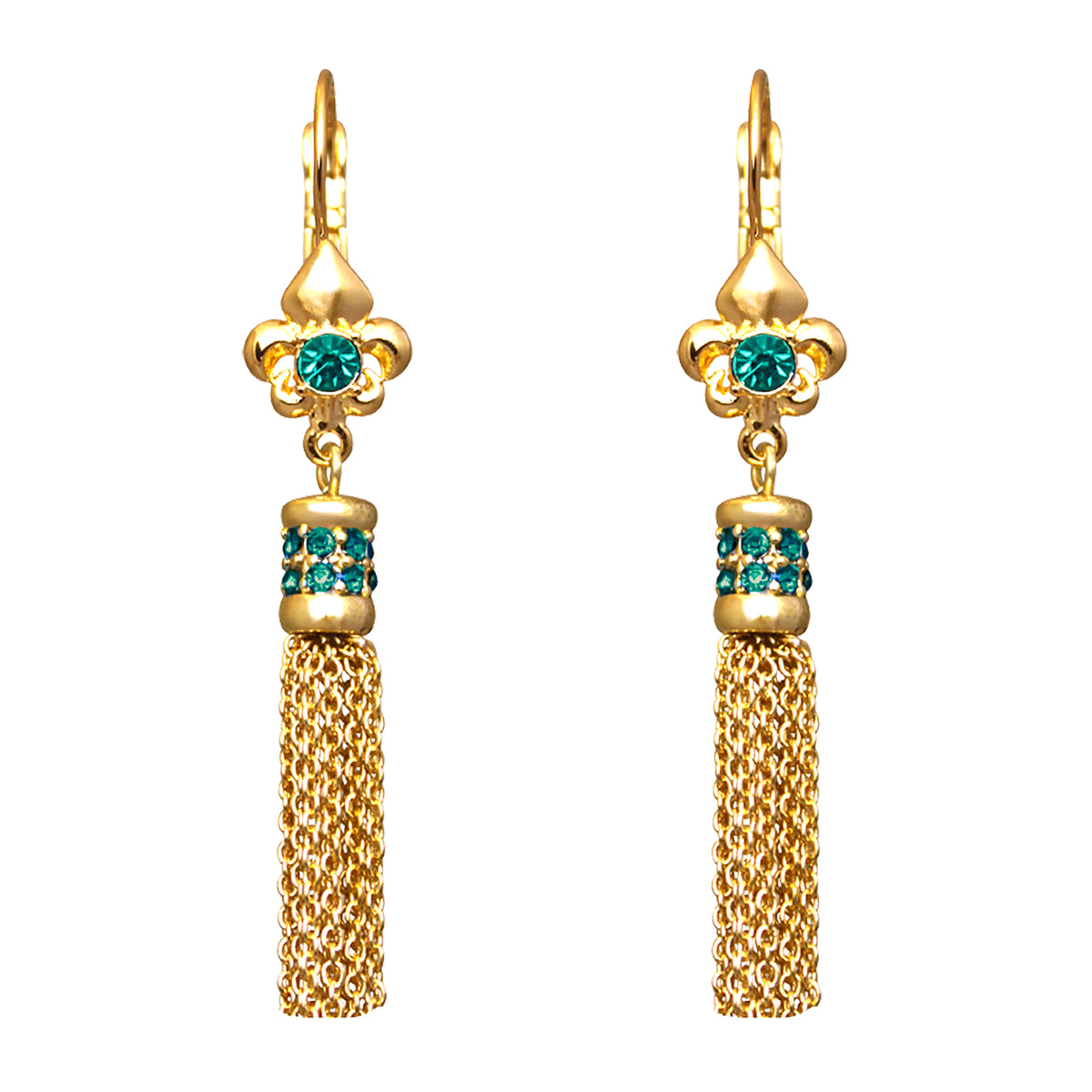 Ritzy Couture Fleur-de-Lis Blue Zircon Tassel Leverback Earrings-Goldtone Luxury - Goldtone/Blue Zircon