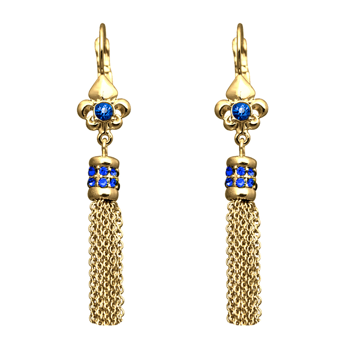 Ritzy Couture Fleur-de-Lis Capri Blue Tassel Leverback Earrings - Goldtone Luxury - Goldtone/Capri Blue