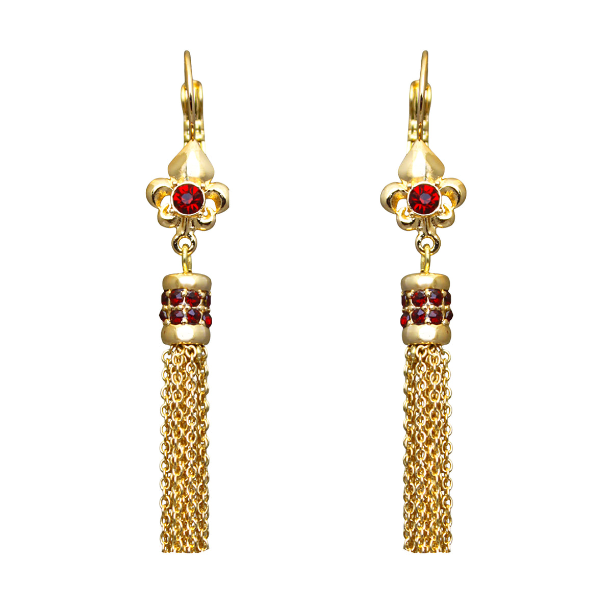 Ritzy Couture Fleur-de-Lis Ruby Red Tassel Leverback Earrings - Goldtone Luxury - Goldtone/Siam Ruby