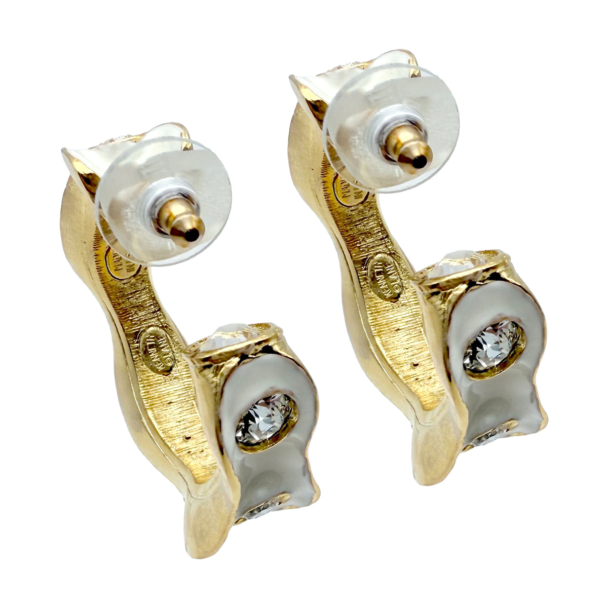 Kenneth Jay Lane 22k Gold Plated White Enamel Hoop Earrings with Crystals