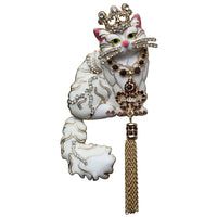 Ritzy Couture Princess Kitty White Cat Pin/Pendant (Goldtone) - White/Gold/Red - White/Gold/Red