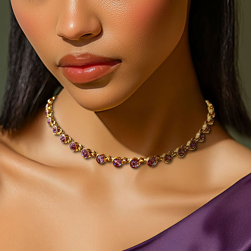 Oscar De La Renta Gold Plate Violet Tanzanite Swarovski Crystal Tennis Necklace