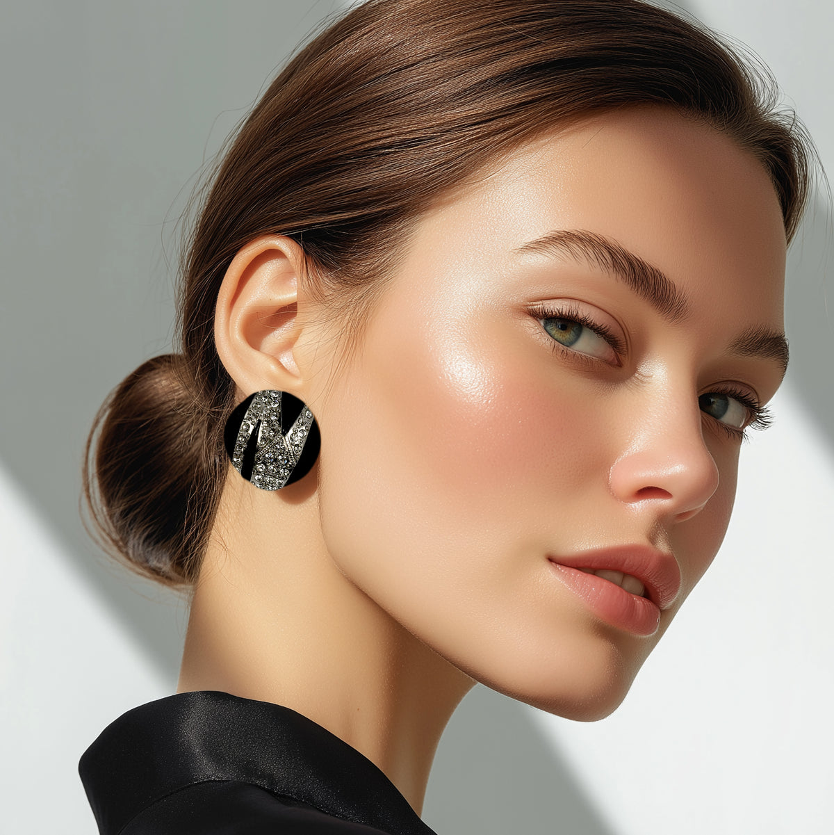 Kenneth Jay Lane Silver Plated Black Enamel Clip Earrings with Crystal Zigzag