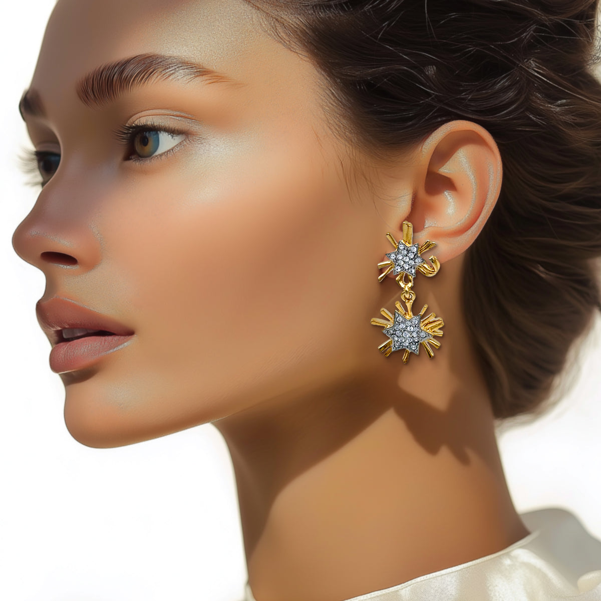 Kenneth Jay Lane 22k Gold and Silver Crystal Pave Starburst Dangle Post Earrings
