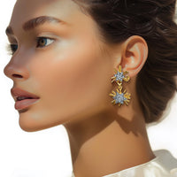 Kenneth Jay Lane 22k Gold and Silver Crystal Pave Starburst Dangle Post Earrings