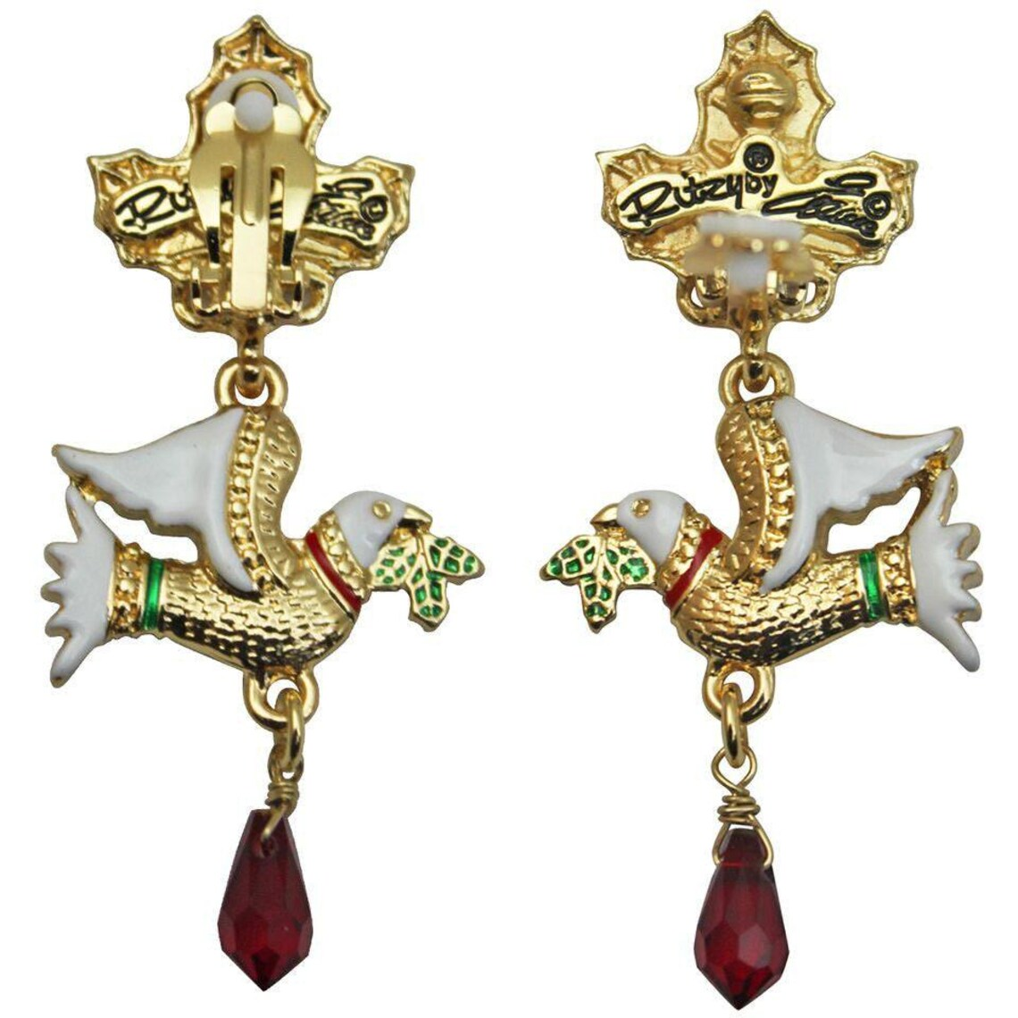 Two Turtle Doves Merry Christmas Drop Dangle Earrings by Ritzy Couture -Goldtone