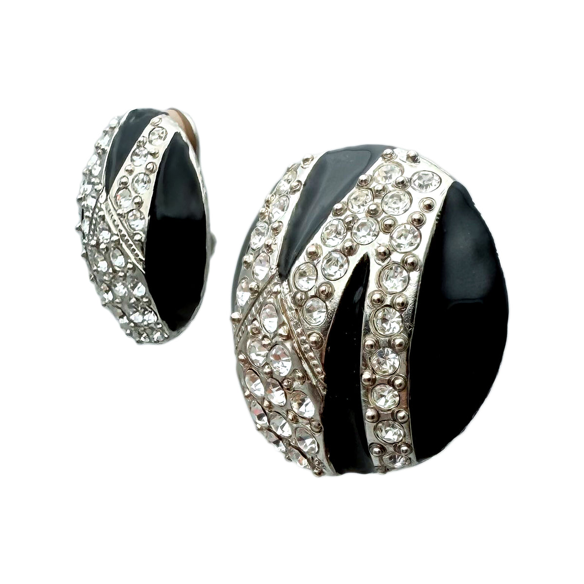 Kenneth Jay Lane Silver Plated Black Enamel Clip Earrings with Crystal Zigzag