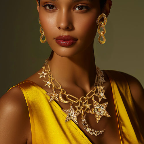 Oscar De La Renta Gold Crystal Star And Moon Celestial Charm Statement Necklace