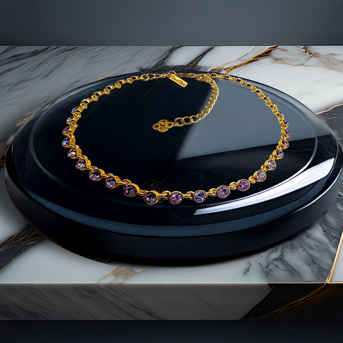Oscar De La Renta Gold Plate Violet Tanzanite Swarovski Crystal Tennis Necklace