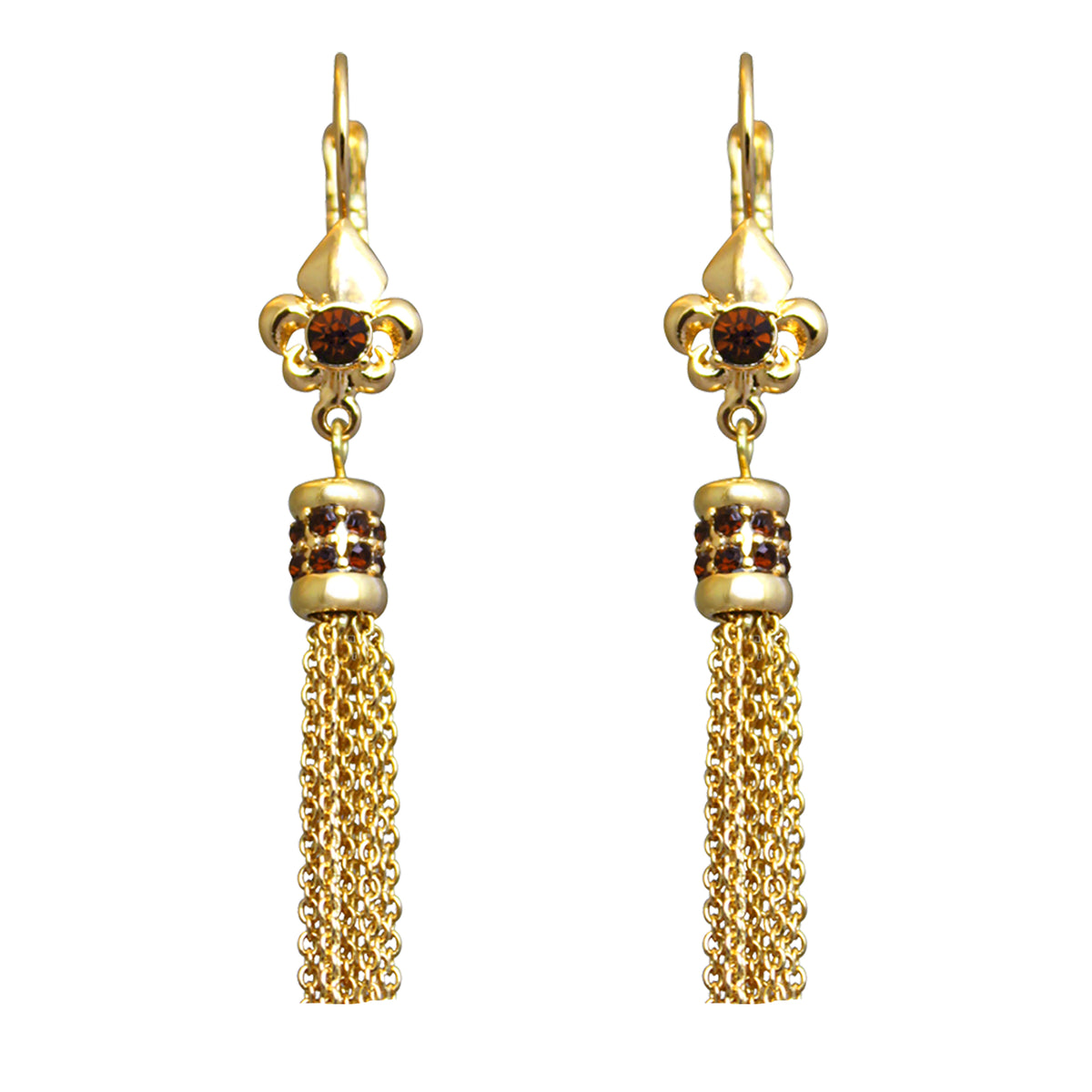 Ritzy Couture Fleur-de-Lis Smoke Topaz Tassel Leverback Earrings-Goldtone Luxury - Goldtone/Smoke Topaz