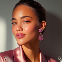 Oscar De La Renta Gold Rose Fuchsia Swarovski Crystal Pear Drop Clip Earrings