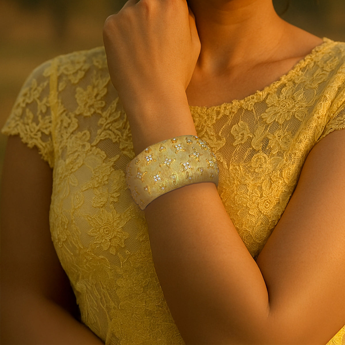Kenneth Jay Lane 22k Gold Plated Textured Cuff Bracelet with Star Crystal Detail