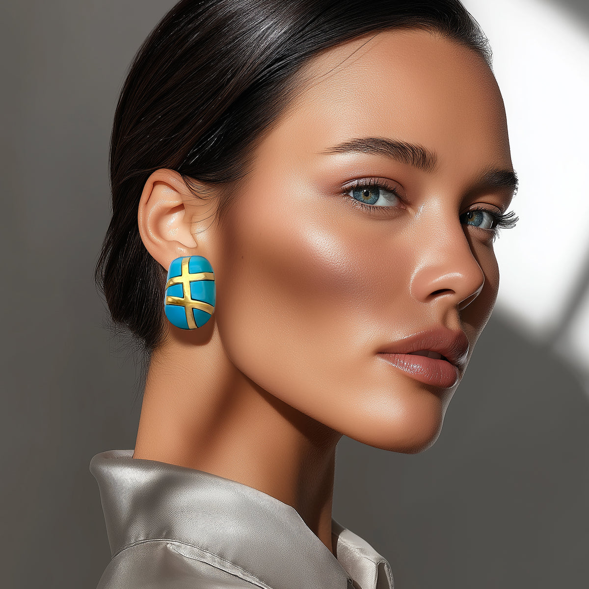Kenneth Jay Lane 22k Gold Plated Turquoise Resin Clip Earrings Modernist Motif