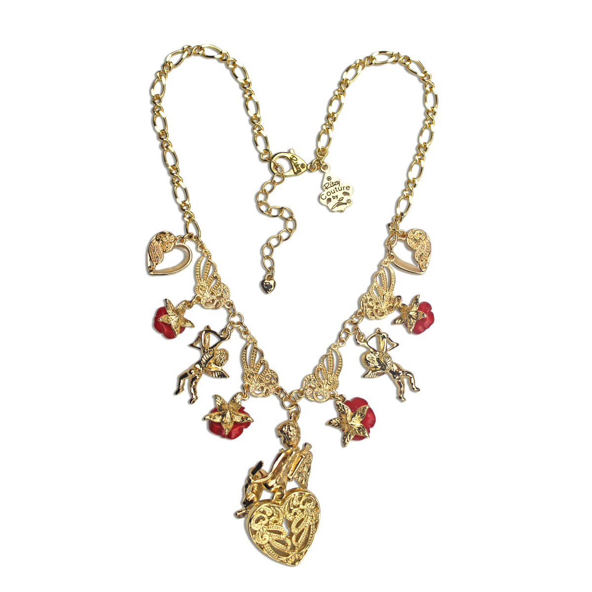 Ritzy Couture Valentine Cupid Heart Red Multi Charm Pendant Necklace 18" Goldtone - Red/Gold
