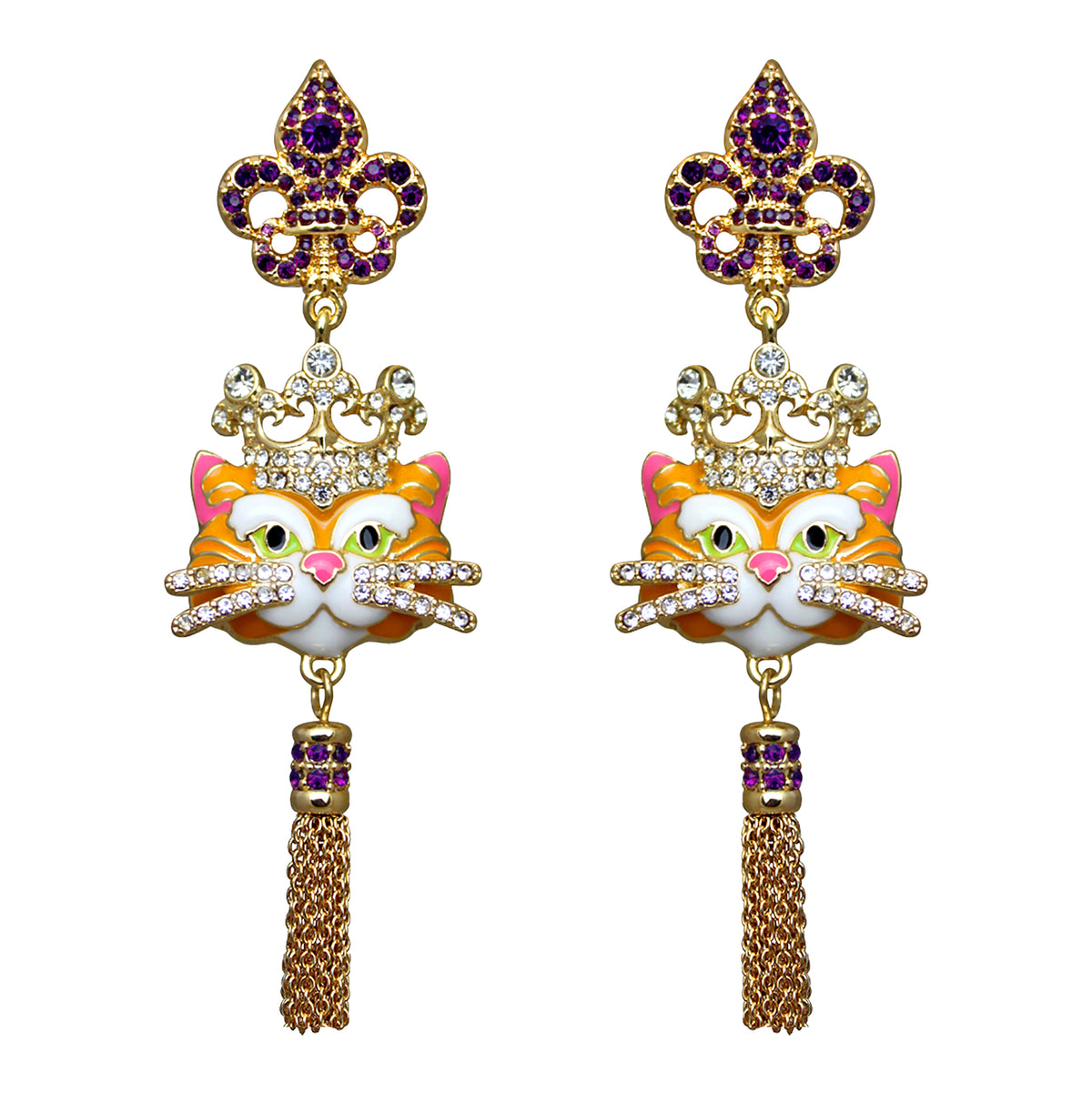 Ritzy Couture Princess Kitty Royal Crown Tabby Cat Enamel Tassel Earrings-Goldtone