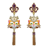 Ritzy Couture Princess Kitty Royal Crown Tabby Cat Enamel Tassel Earrings-Goldtone