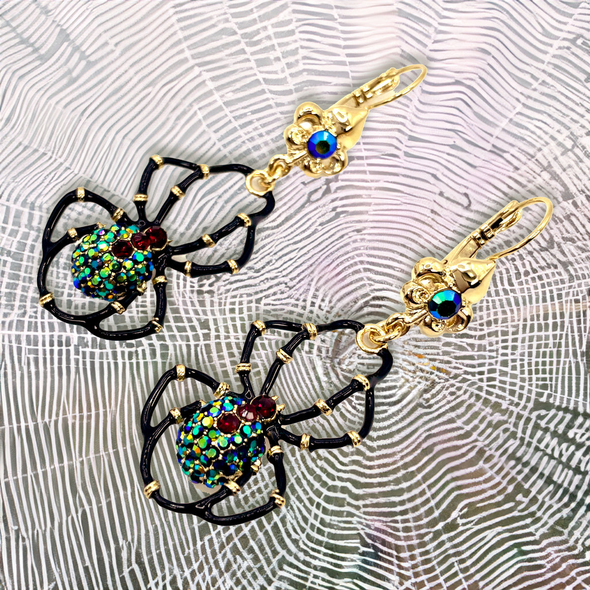 Ritzy Couture Halloween Black Spider AB Crystal Leverback Earrings-22K Gold Plating - Black Red gold