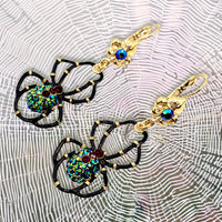 Ritzy Couture Halloween Black Spider AB Crystal Leverback Earrings-22K Gold Plating - Black Red gold