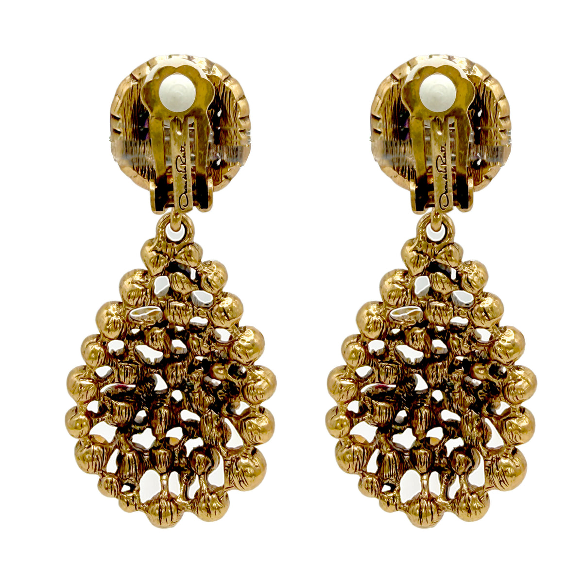 Oscar De La Renta Gold Rose Fuchsia Swarovski Crystal Pear Drop Clip Earrings