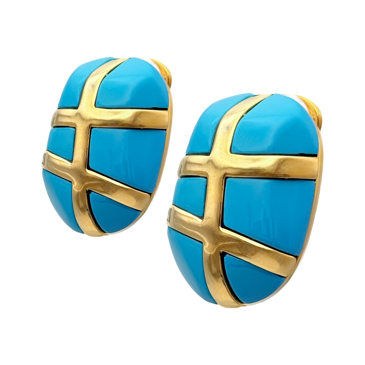 Kenneth Jay Lane 22k Gold Plated Turquoise Resin Clip Earrings Modernist Motif