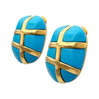 Kenneth Jay Lane 22k Gold Plated Turquoise Resin Clip Earrings Modernist Motif