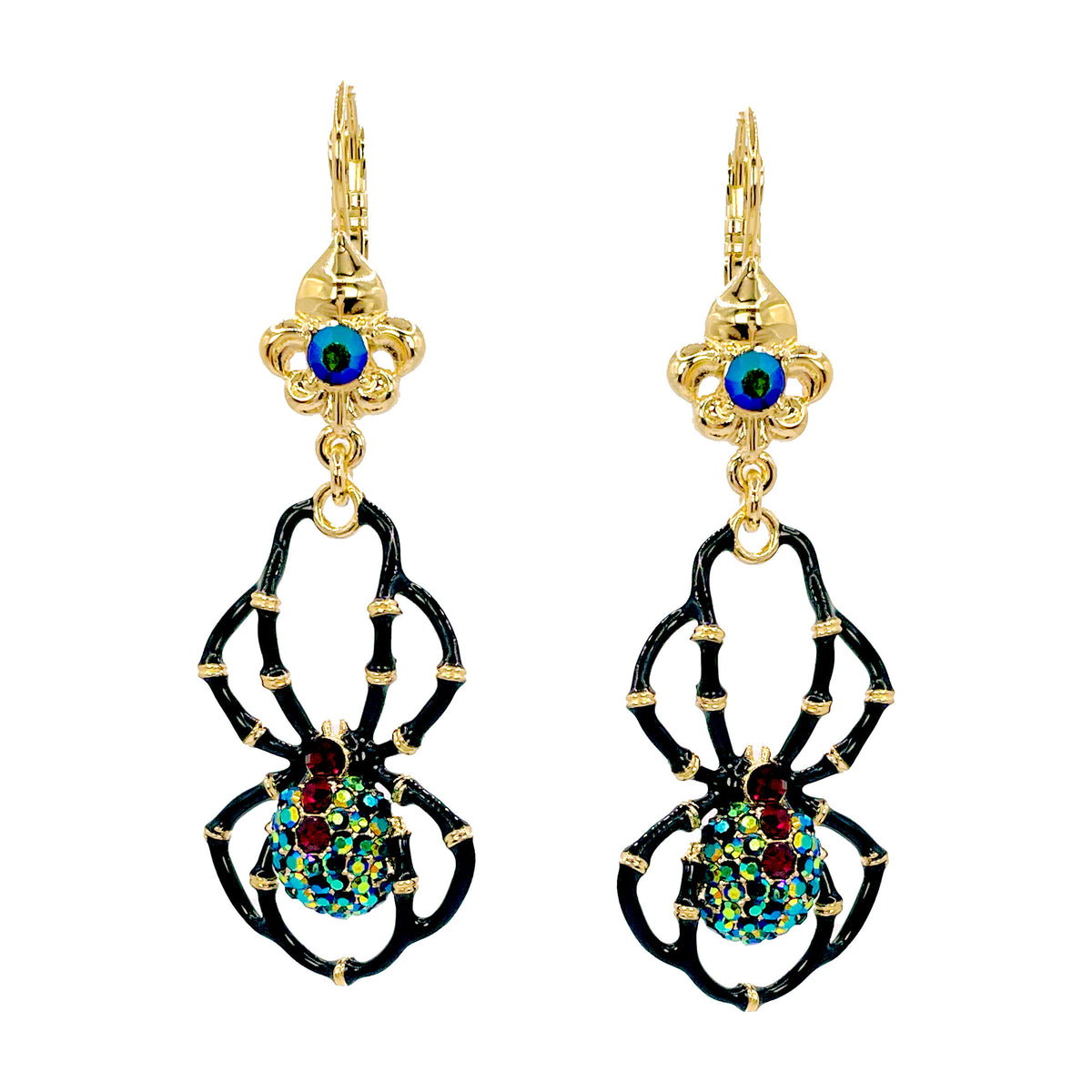 Ritzy Couture Halloween Black Spider AB Crystal Leverback Earrings-22K Gold Plating - Black Red gold