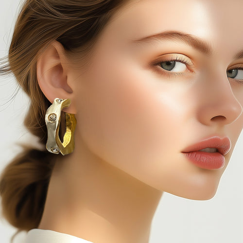 Kenneth Jay Lane 22k Gold Plated White Enamel Hoop Earrings with Crystals