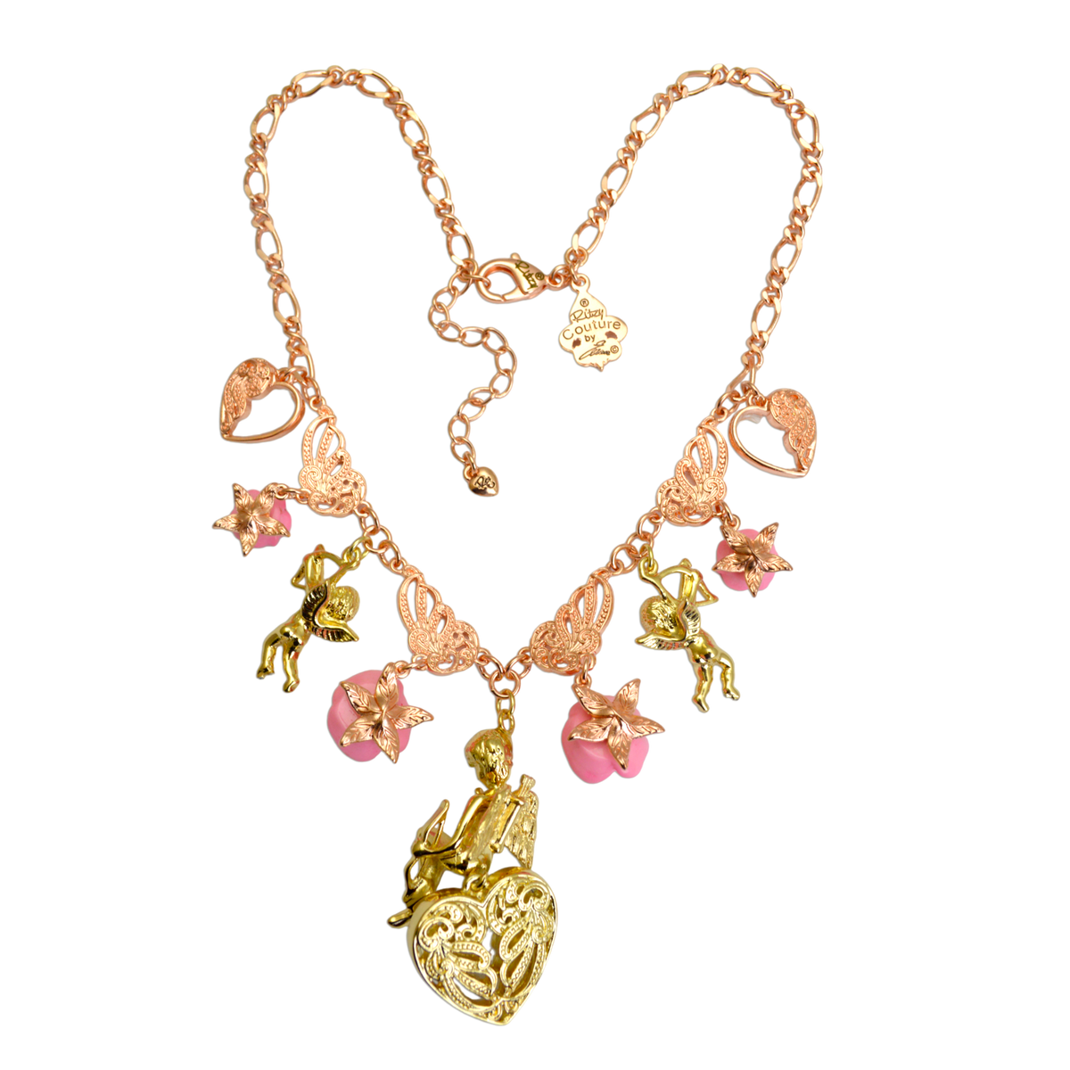 Ritzy Couture Pink Valentine Cupid Charm Pendant Necklace Rose Goldtone/Goldtone - Multicolor