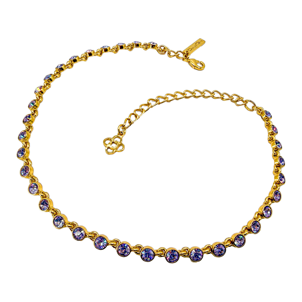 Oscar De La Renta Gold Plate Violet Tanzanite Swarovski Crystal Tennis Necklace