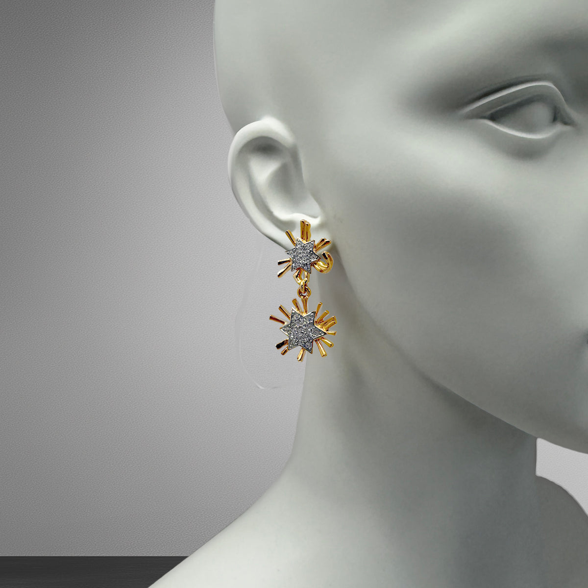 Kenneth Jay Lane 22k Gold and Silver Crystal Pave Starburst Dangle Post Earrings