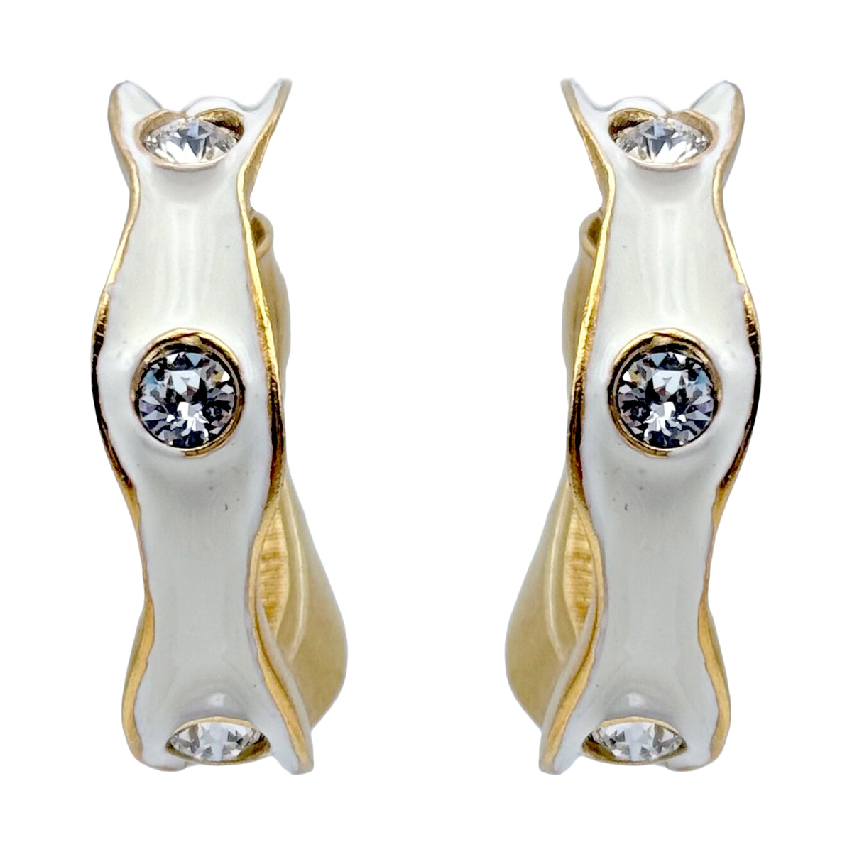 Kenneth Jay Lane 22k Gold Plated White Enamel Hoop Earrings with Crystals