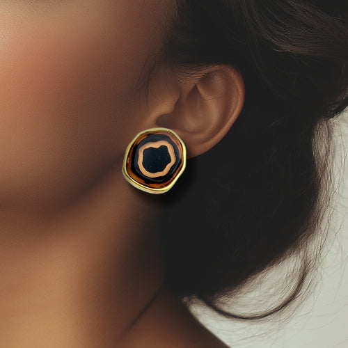 Kenneth Jay Lane 22k Gold Plated Resin Geode Clip Earrings Handmade 1.25 Inch