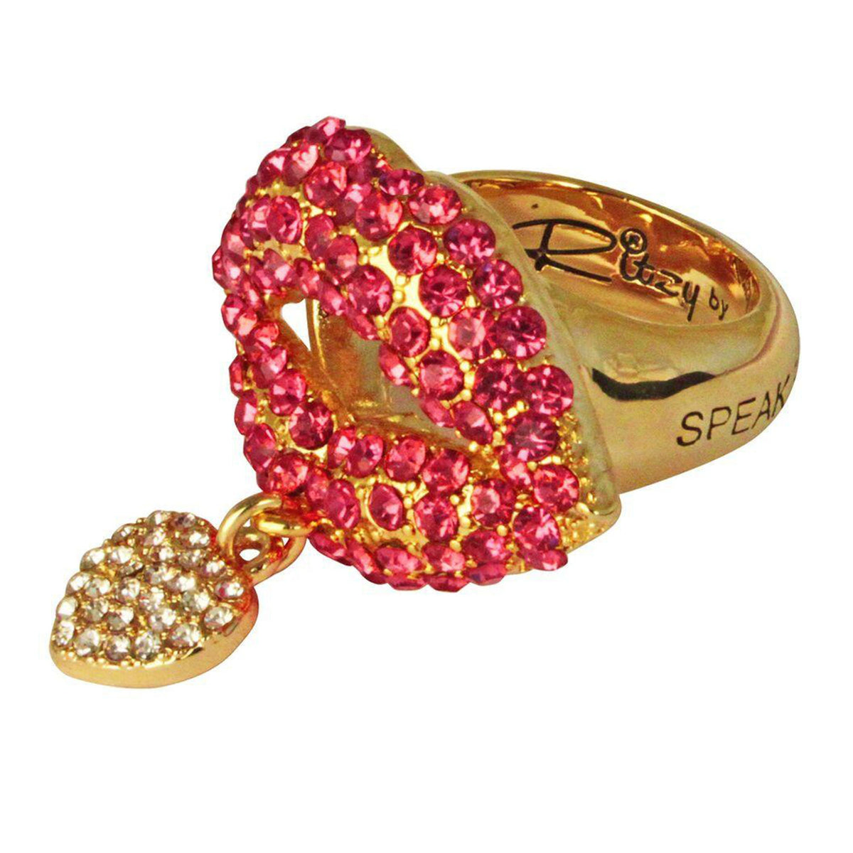 Ritzy Couture Valentine Heart Charm & Lips Finger Ring for Women (Goldtone)