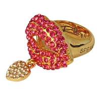 Ritzy Couture Valentine Heart Charm & Lips Finger Ring for Women (Goldtone)