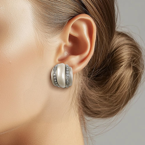 Kenneth Jay Lane Silver Plated Clip Earrings with Pearl Resin and Pave Crystals