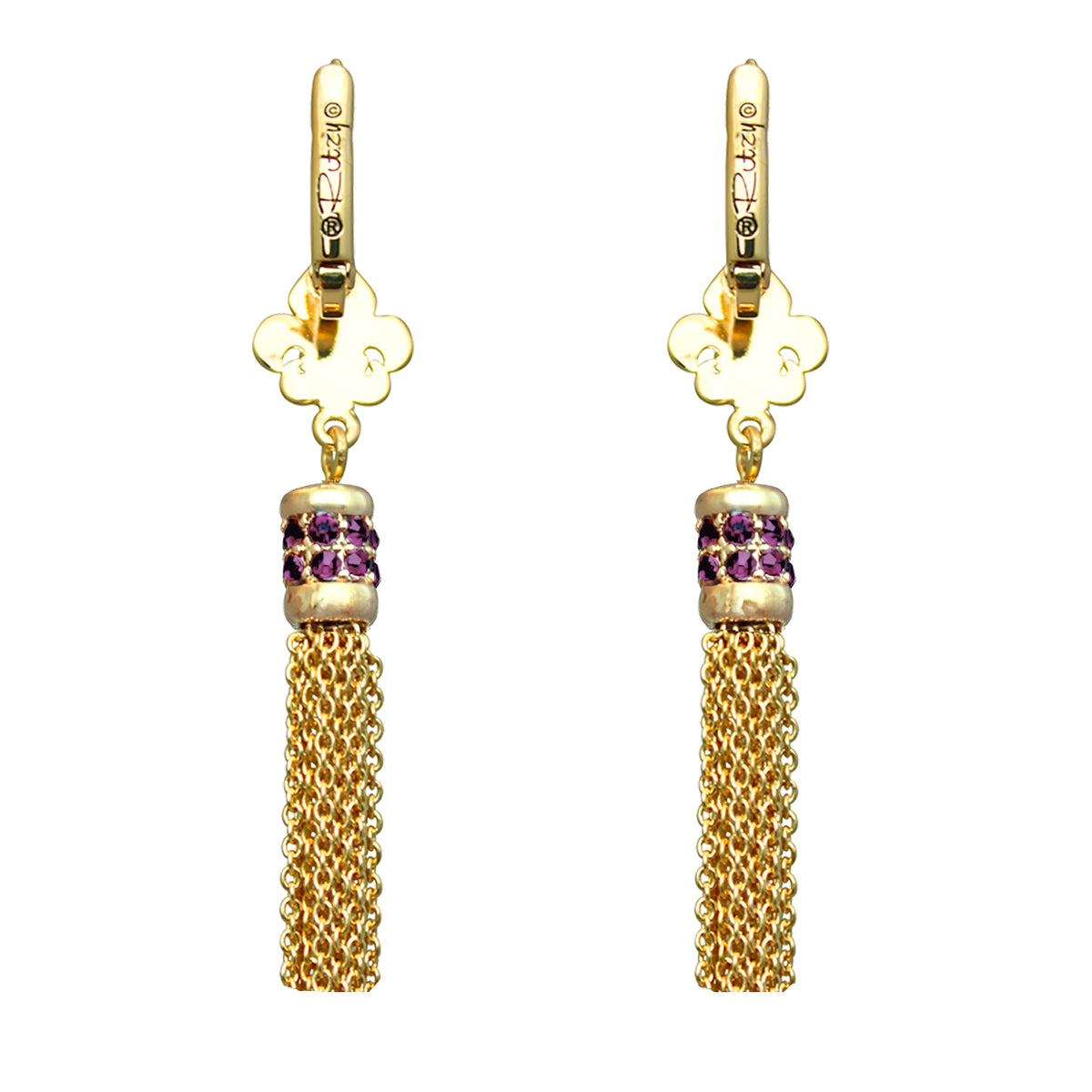 Ritzy Couture Fleur-de-Lis Amethyst Crystal Tassel Leverback Earrings - Goldtone - Goldtone/Amethyst
