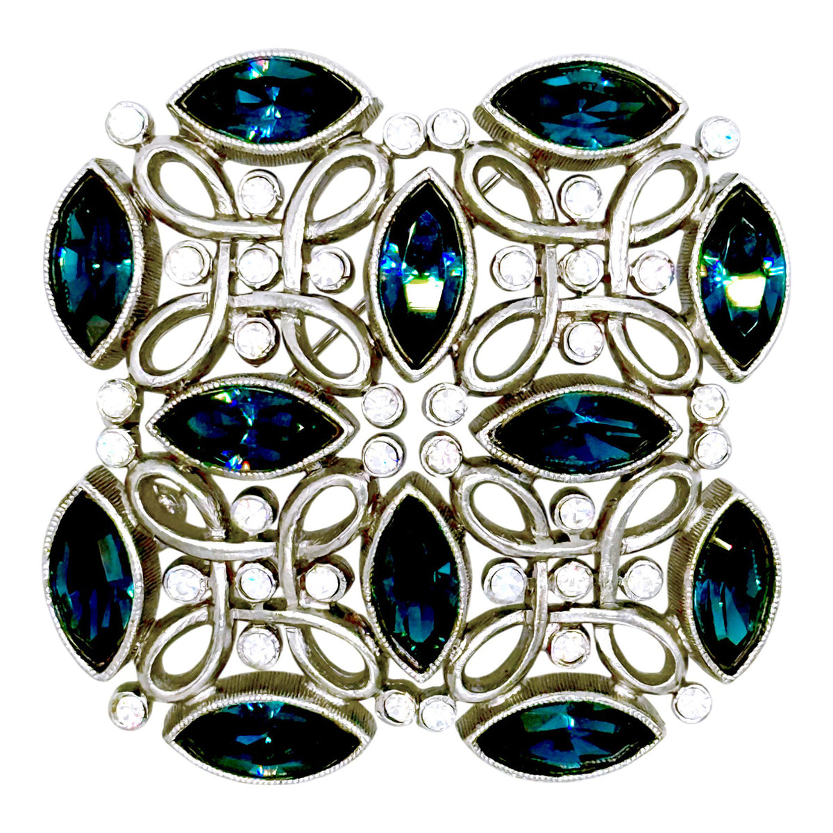 Kenneth Jay Lane Original Sample Filigree Brooch with Montana Blue Crystals in Silver Plating USA