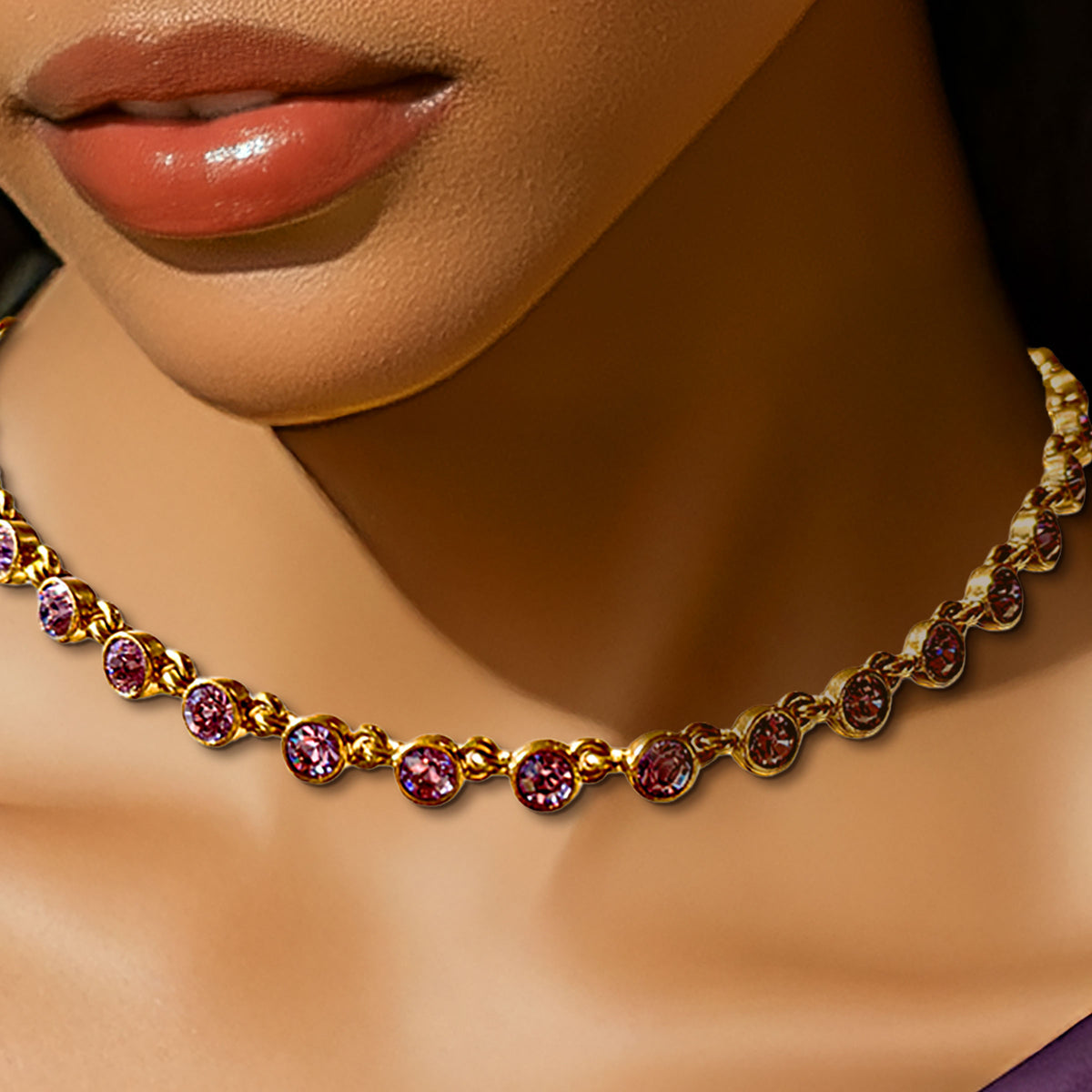 Oscar De La Renta Gold Plate Violet Tanzanite Swarovski Crystal Tennis Necklace