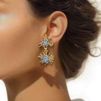 Kenneth Jay Lane 22k Gold and Silver Crystal Pave Starburst Dangle Post Earrings