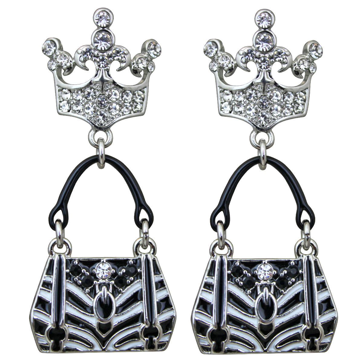 Ritzy Couture Crown & Handbag Shopping Earrings (Silvertone) - Post / Silver/Black