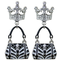 Ritzy Couture Crown & Handbag Shopping Earrings (Silvertone) - Post / Silver/Black
