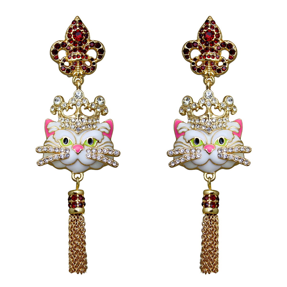 Ritzy Couture Princess Kitty Royal Crown White Cat Enamel Tassel Earrings-Goldtone