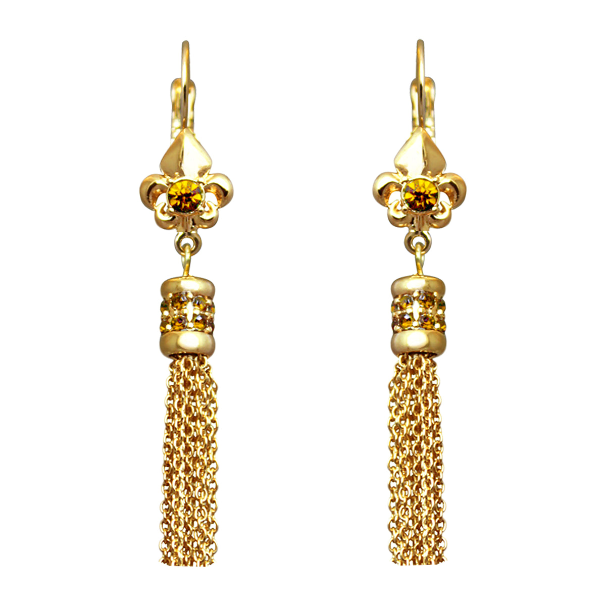 Ritzy Couture Fleur-de-Lis Topaz  Tassel Leverback Earrings - Goldtone Luxury - Goldtone/Topaz Tassel