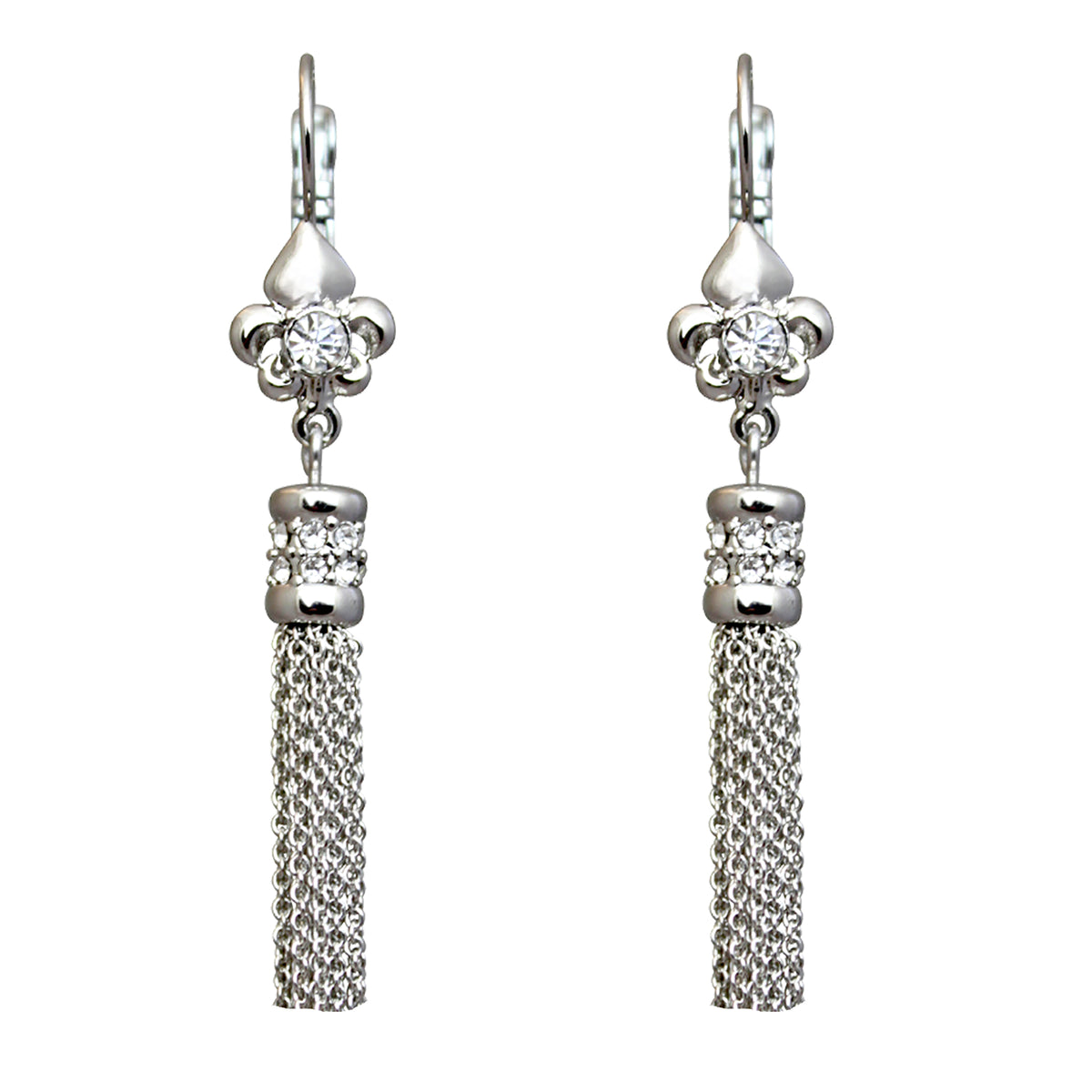 Ritzy Couture Fleur-de-Lis Crystal Tassel Leverback Earrings - Silvertone Luxury - Silvertone/Crystal Tassel