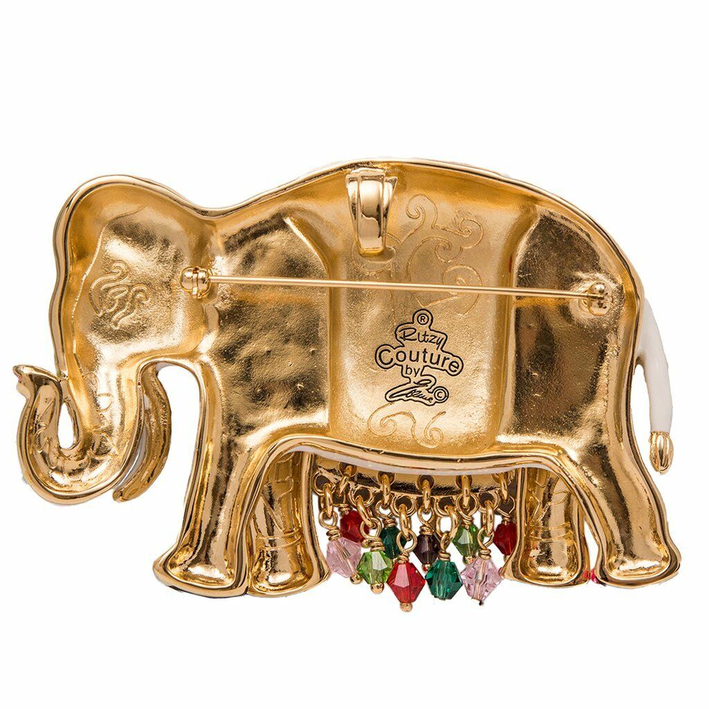 Ritzy Couture Royal Maharaja Elephant White Multicolor Pin/Pendant (Goldtone) - White Ivory Gold Orange Pink Multicolor
