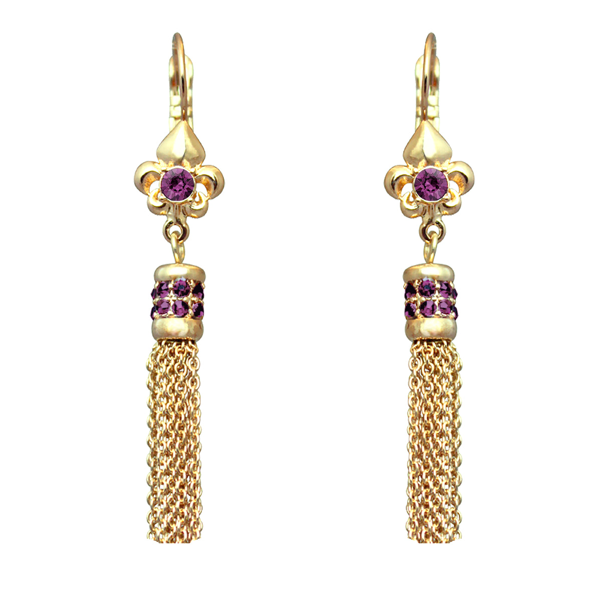 Ritzy Couture Fleur-de-Lis Amethyst Crystal Tassel Leverback Earrings - Goldtone - Goldtone/Amethyst